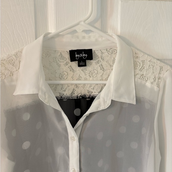 Sheer White Blouse Lace Yoke Polka Dot Back Button Front Roll Sleeve Top Women L - Picture 7 of 10